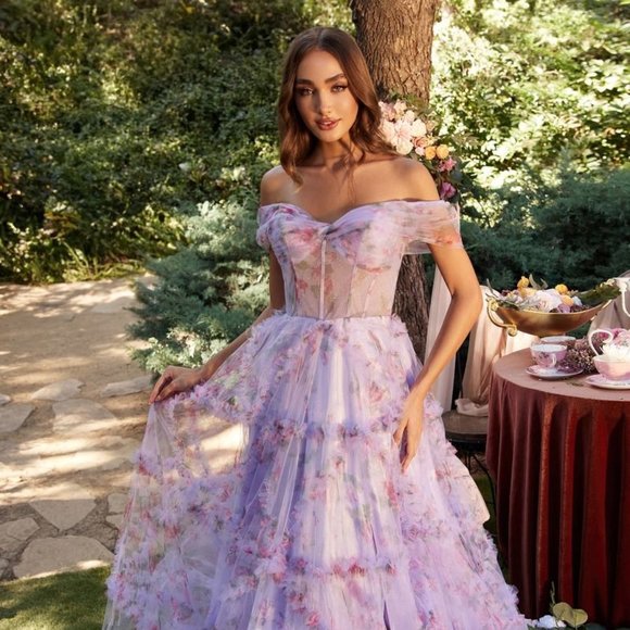 NEW LONG FORMAL OFF THE SHOULDER SLEEVELESS DRESS WITH FLORAL PATTERN CD A1286 - Picture 1 of 9